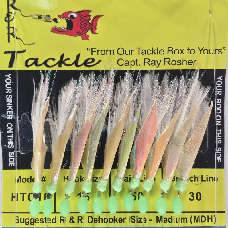 Fish hooks for big perch-R&R HTC16 Bait Rig - 10 (size 16) hooks with white feather & fish skin