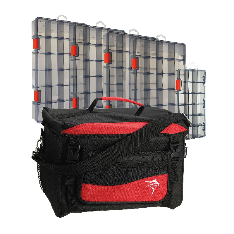 Fishing Lures with glow effects-Jarvis Walker Large Lure Bag with 5 Lure Boxes - Black & Red