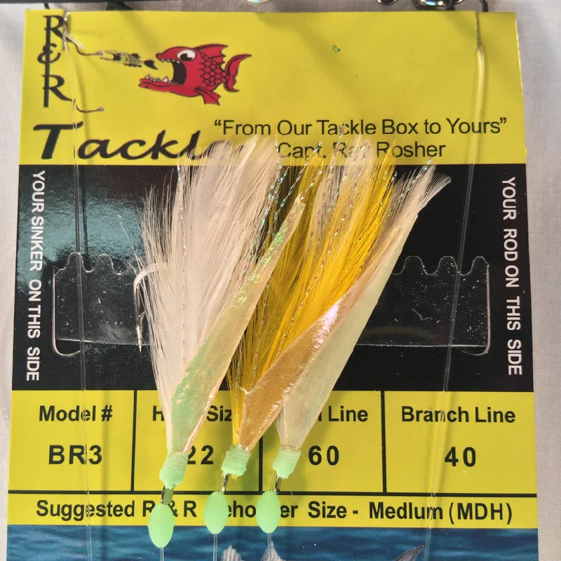 Fish hooks for small bass-R&R BR3 Bait Rig - 3(Size 22) hooks with white/yellow feather & fish skin