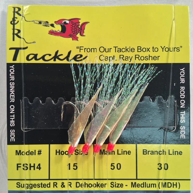 Fish hooks for bass rods-R&R FSH4 Bait Rig- 4 (size 15) hooks with flash & fish skin