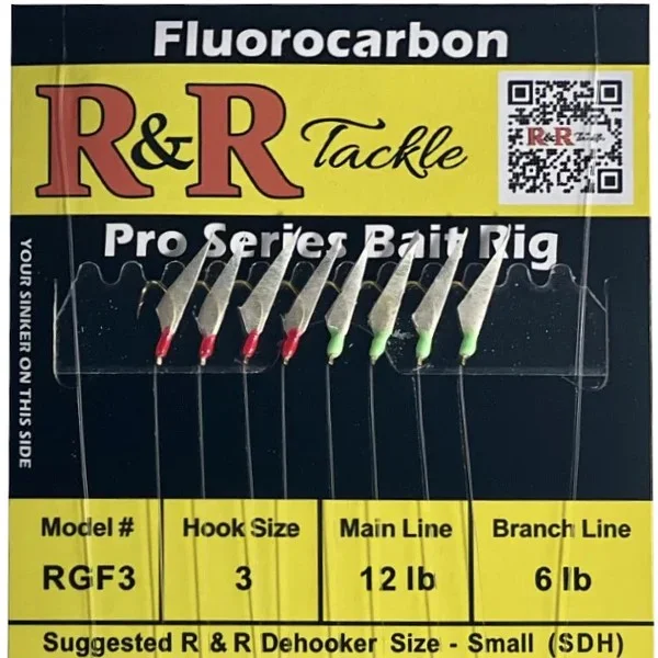 Fish hooks for lake carp-R&R - RGF3 FLUOROCARBON BAIT RIG - 8 (SIZE 3) HOOKS WITH 4 RED 4 GREEN GLOW HEADS WITH FISH SKIN