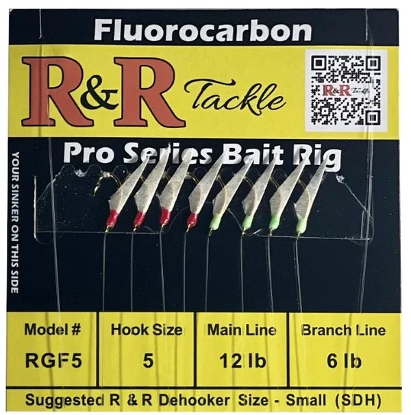 Fishing rigs for tidal ponds-R&R - RGF5 FLUOROCARBON BAIT RIG - 8 (SIZE 5) HOOKS WITH 4 RED 4 GREEN GLOW HEADS WITH FISH SKIN